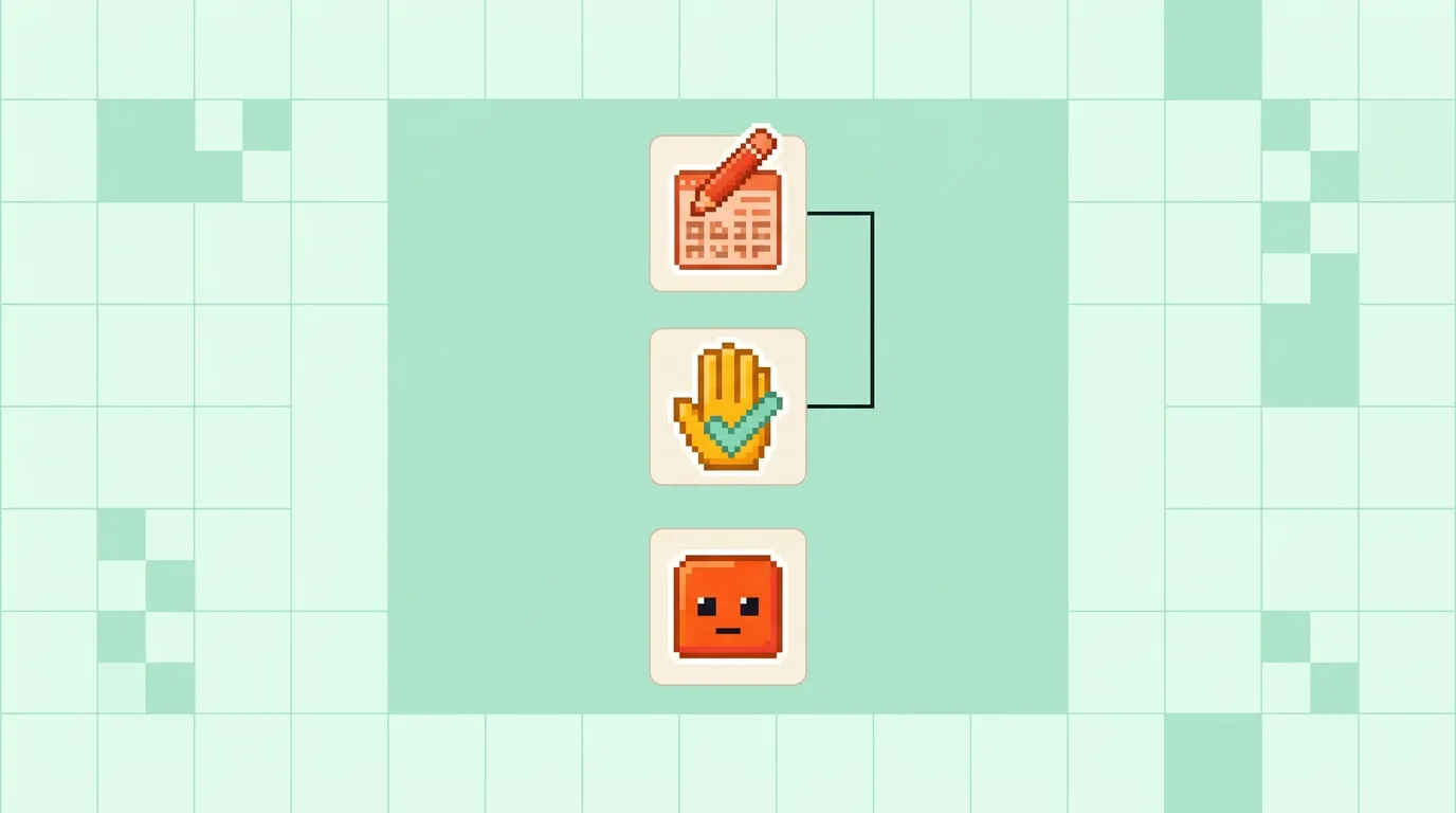 Original pixel symbols for AI suggestions, a dataset and human validation connected on a mint grid.