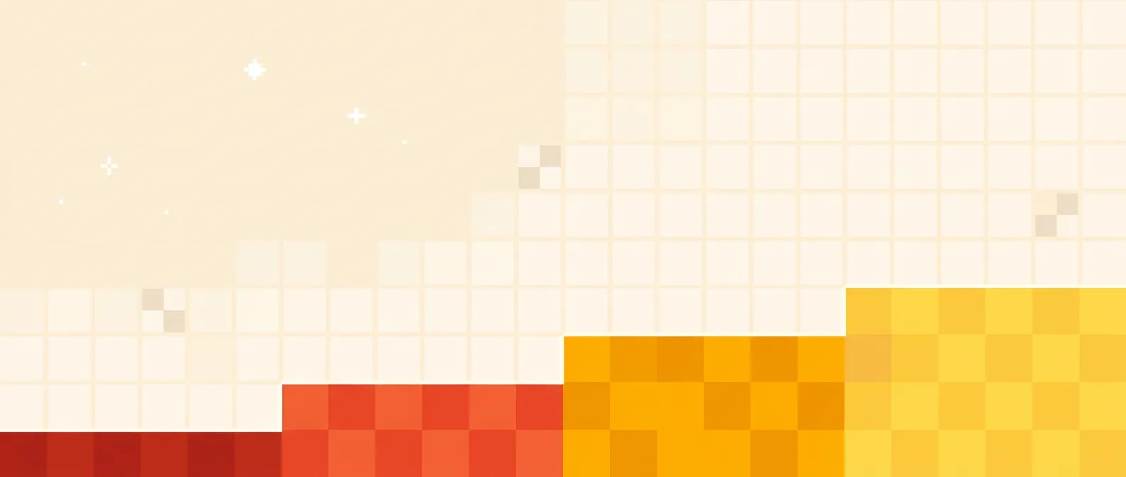 A minimal cream grid with broad stepped pixel bands in red, coral, amber and yellow along the bottom.